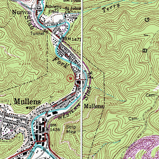 Topographic Map of Mullens High School (historical), WV