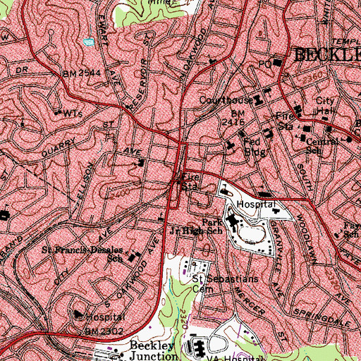 Topographic Map of Beckley Fire Department Station 1, WV