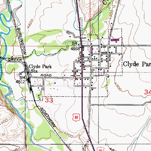 Topographic Map of Clyde Park Post Office, MT