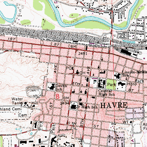Topographic Map of Hill County Courthouse, MT