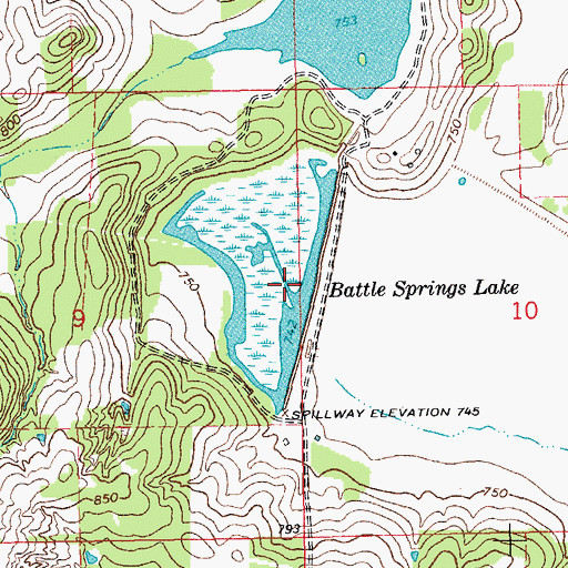 Topographic Map of Battle Springs Lake Dam, OK