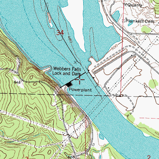 Topographic Map of Webbers Falls Lock and Dam 16, OK