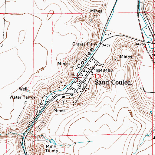Topographic Map of Sand Coulee Hospital (historical), MT