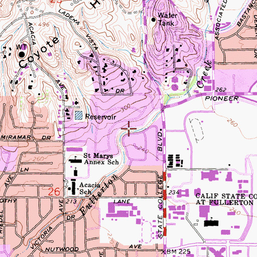 Topographic Map of Fullerton Greenbelt Park, CA