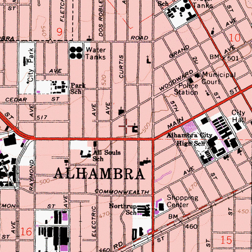 Topographic Map of Bethany Church of Alhambra, CA