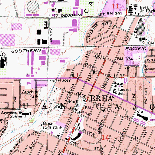 Topographic Map of Brea Gateway Shopping Center, CA