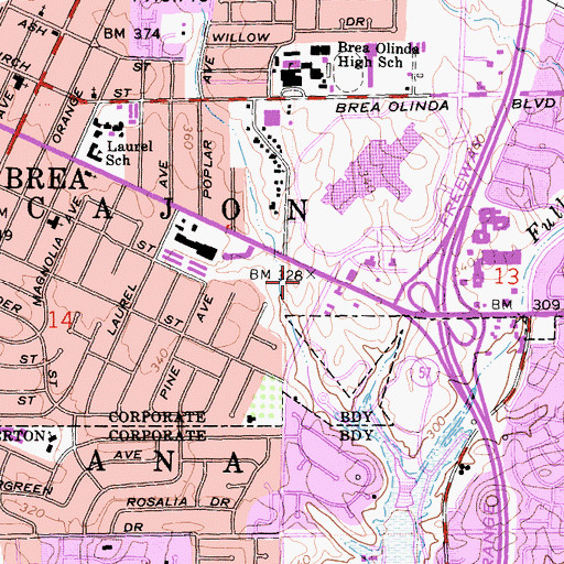 Topographic Map of Brea-Imperial Shopping Center, CA