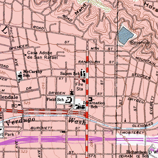 Topographic Map of Casa Verdugo Branch Glendale Public Library, CA