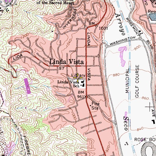 Topographic Map of Linda Vista Branch Pasadena Public Library, CA