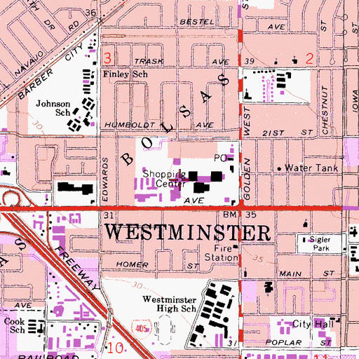 Topographic Map of Westminster Shopping Center, CA