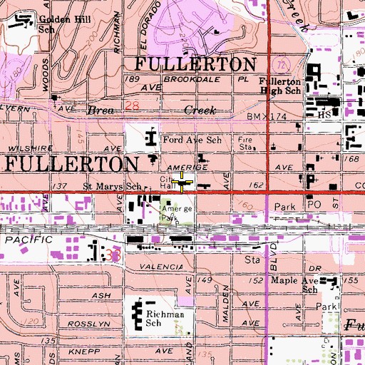 Topographic Map of Fullerton City Hall, CA