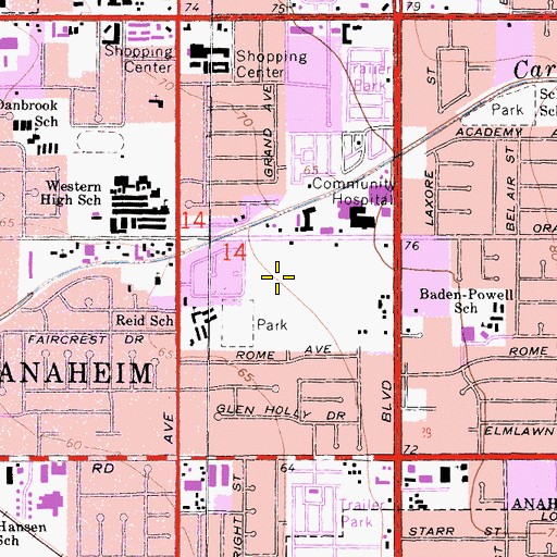 Topographic Map of Reid Park, CA