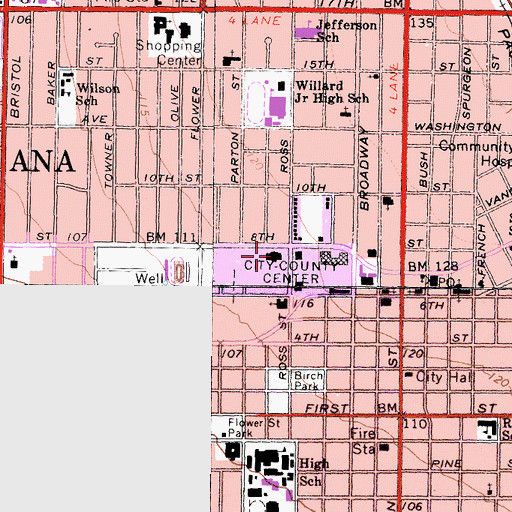 Topographic Map of Santa Ana Public Library, CA