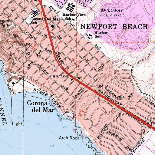 Topographic Map of Corona del Mar Post Office, CA