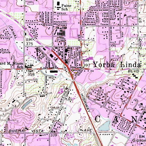 Topographic Map of Yorba Linda Station Plaza Shopping Center, CA