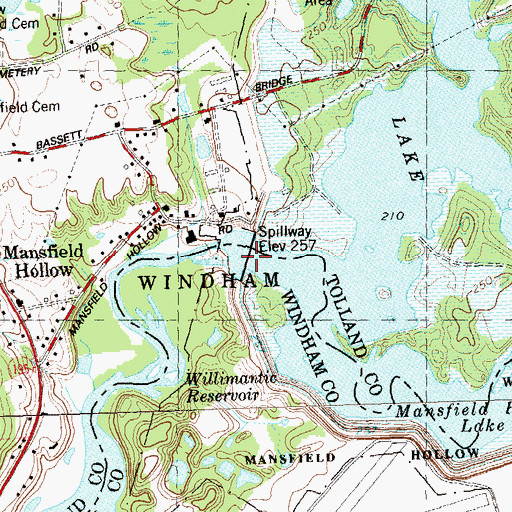 Topographic Map of Mansfield Hollow Dam, CT