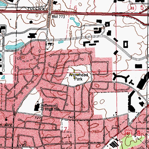 Topographic Map of Arrowhead Park, IL