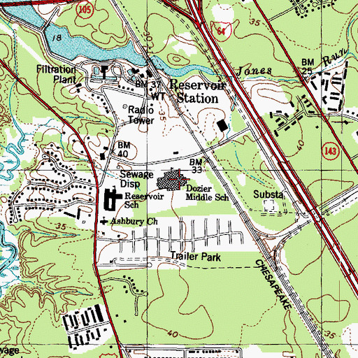 Topographic Map of Dozier Middle School, VA