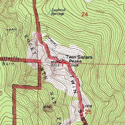 Topographic Map of Twin Sisters Peaks, CO