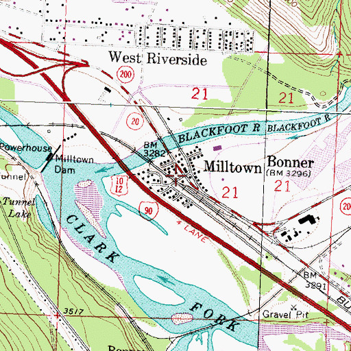 Topographic Map of Milltown (historical), MT