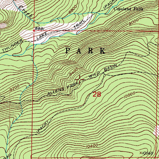 Topographic Map of Allens Park-Wild Basin Trail, CO