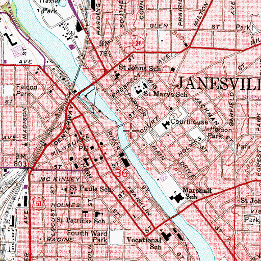 Topographic Map of Janesville Post Office Downtown, WI
