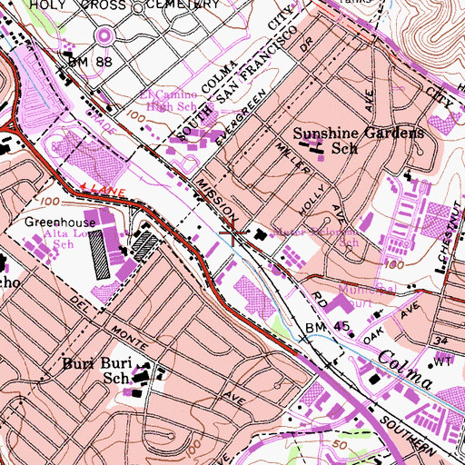 Topographic Map of Sunshine Gardens Shopping Center, CA