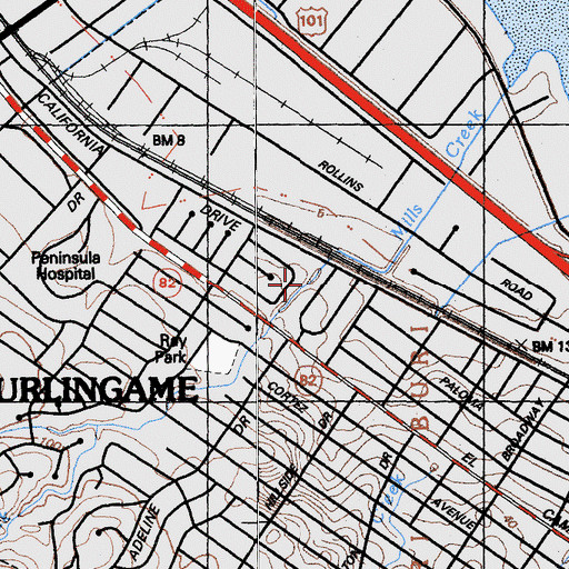 Topographic Map of Burlingame Village Park, CA