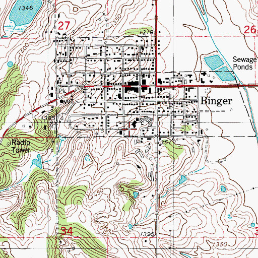 Topographic Map of Binger - Oney Elementary School, OK