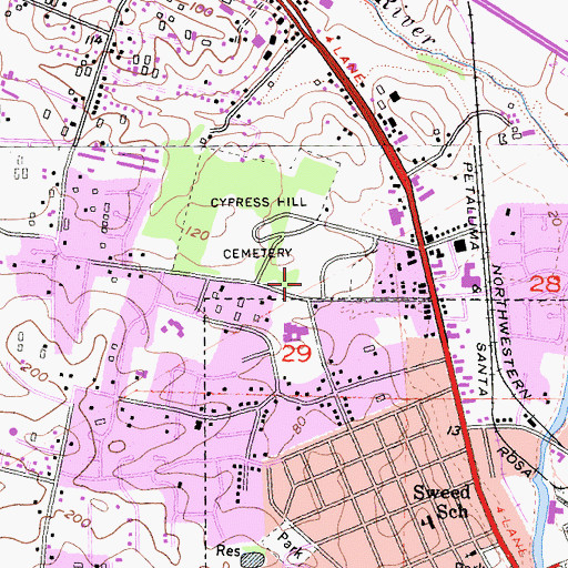Topographic Map of Petaluma Calvary Cemetery, CA