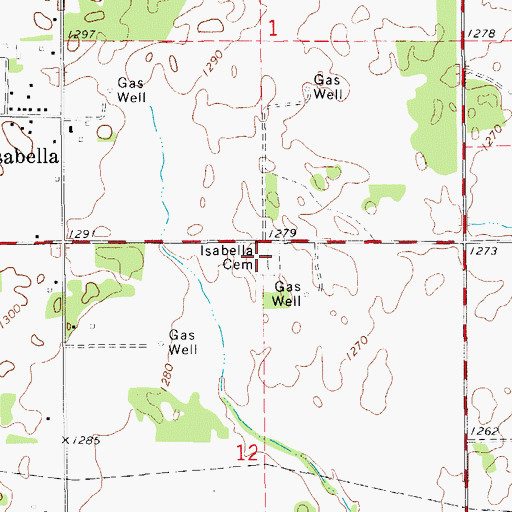 Topographic Map of Isabella Cemetery, OK
