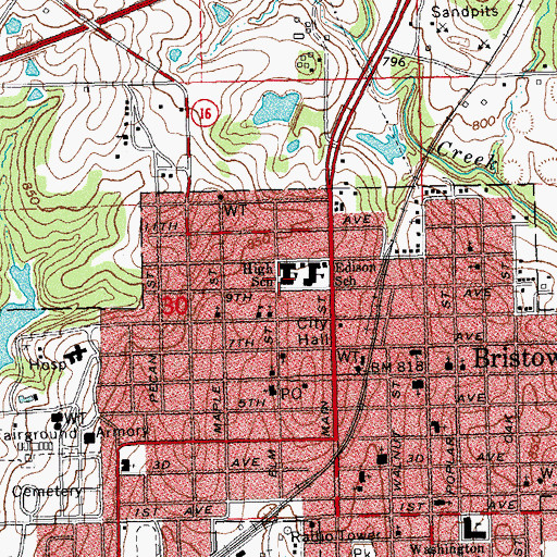 Topographic Map of Bristow Middle School, OK