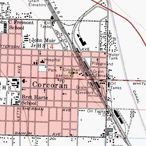 Topographic Map of Corcoran City Hall, CA