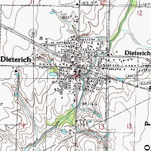 Topographic Map of Dieterich Post Office, IL
