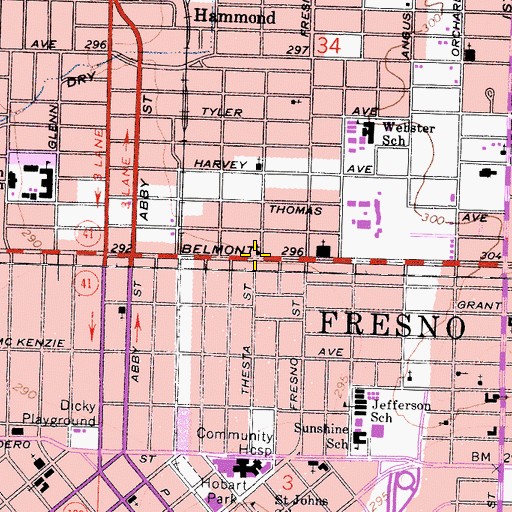 Topographic Map of Belmont United Pentecostal Church of Fresno, CA