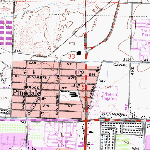 Topographic Map of Pinedale Post Office, CA