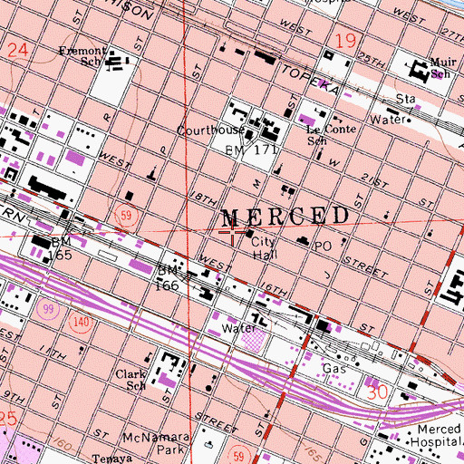 Topographic Map of Merced City Hall, CA