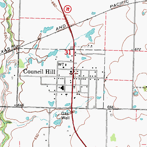 Topographic Map of Council Hill Post Office, OK