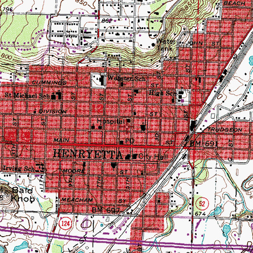 Topographic Map of Henryetta Post Office, OK
