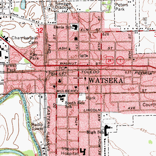 Topographic Map of Watseka Public Library, IL