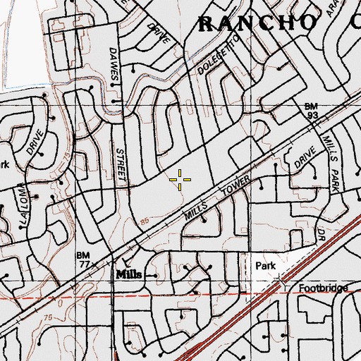 Topographic Map of Mills Center Shopping Center, CA