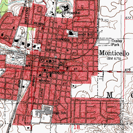 Topographic Map of First Baptist Church of Monticello, IL