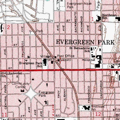 Topographic Map of Evergreen Park Public Library, IL