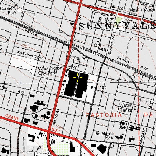 Topographic Map of Sunnyvale Town Center Shopping Center, CA