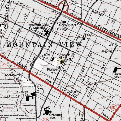Topographic Map of Mountain View Civic Center, CA