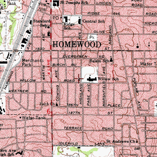 Topographic Map of Homewood Reformed Church, IL