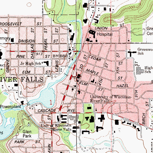 Topographic Map of River Falls City Hall, WI