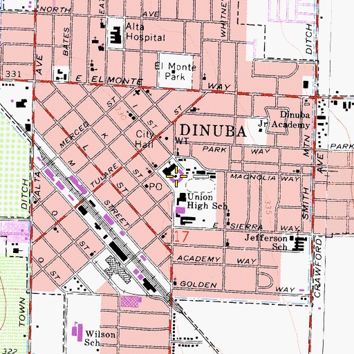 Topographic Map of Dinuba Adult Evening High School, CA