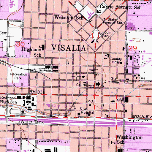 Topographic Map of Visalia Branch Tulare County Library, CA