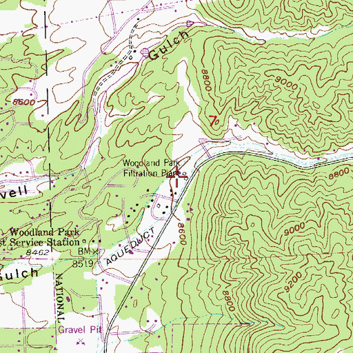 Topographic Map of Woodland Park Filtration Plant, CO